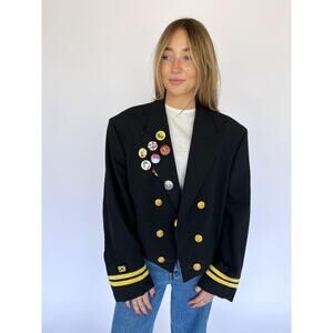 VTG 80s OS Crop Military Blazer Gold Buttons Trim, Streetwear 80s Rockstar Pins